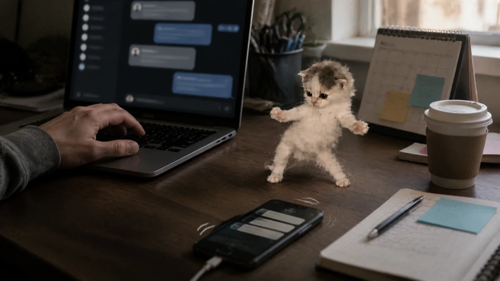 RAVECAT dancing naturally on a cluttered home-office desk