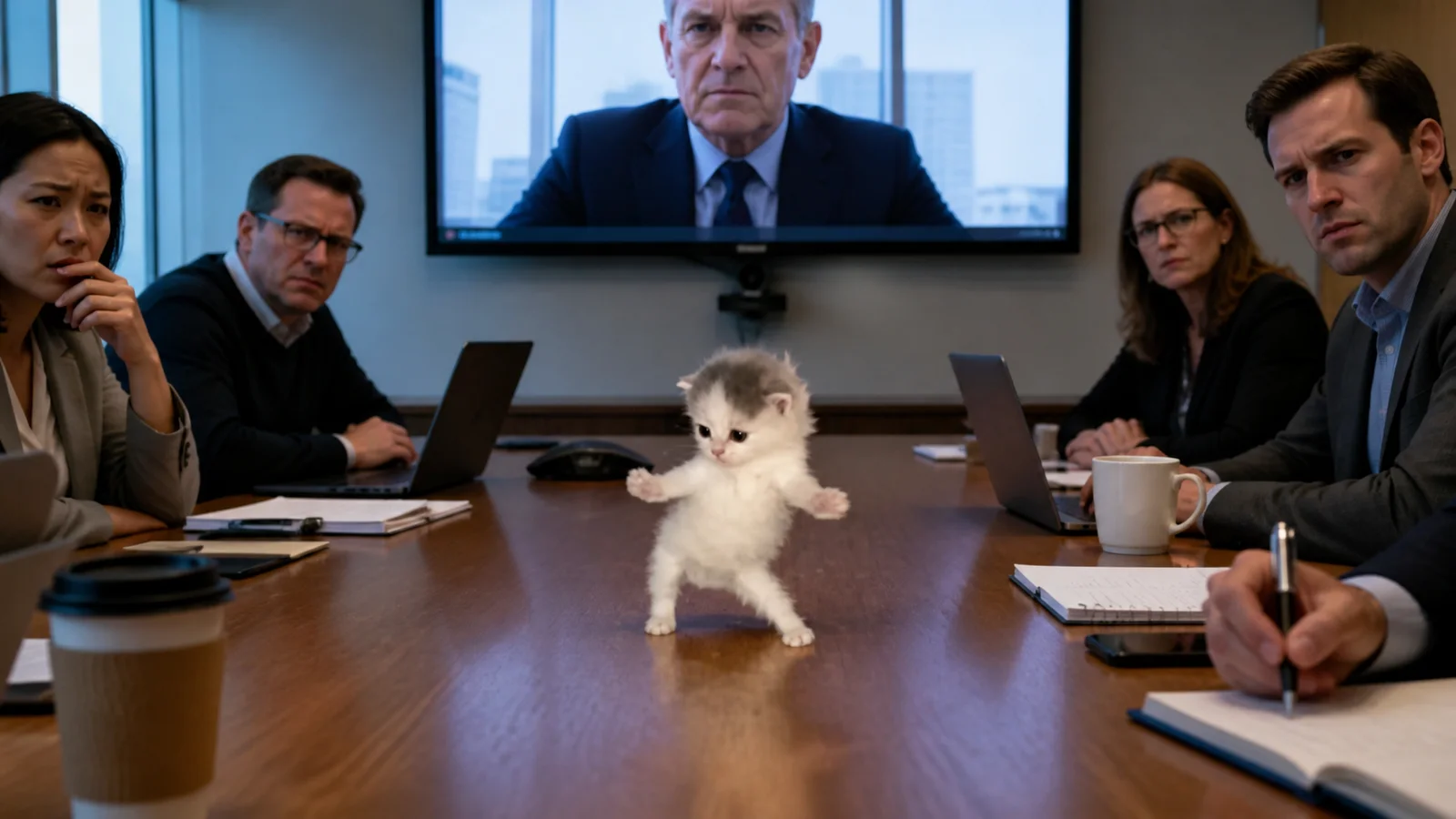 The dancing kitten stands on a conference table while an entire serious meeting stares at it.