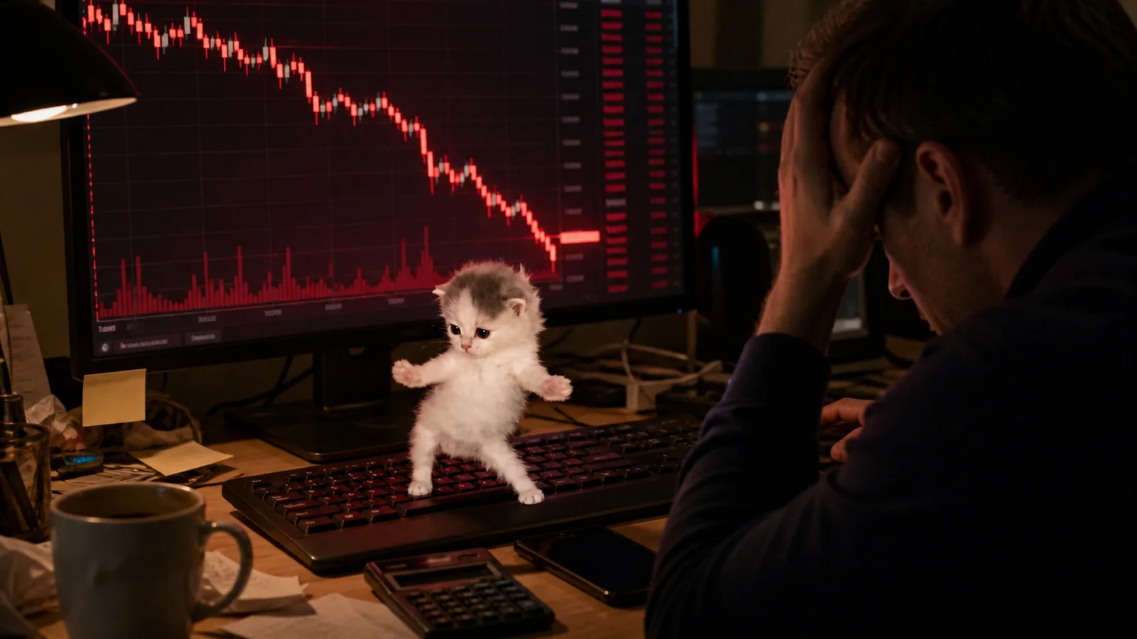 The dancing kitten stands on a keyboard in front of a plunging red market chart while a trader despairs.