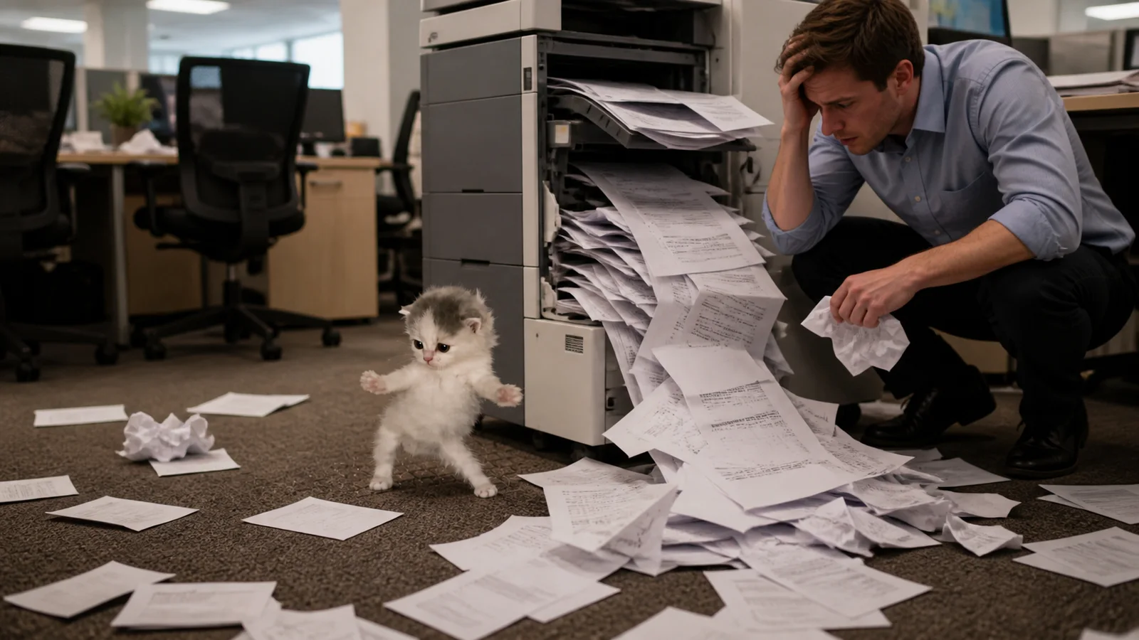 The dancing kitten performs beside an office printer overflowing with paper while a worker gives up.
