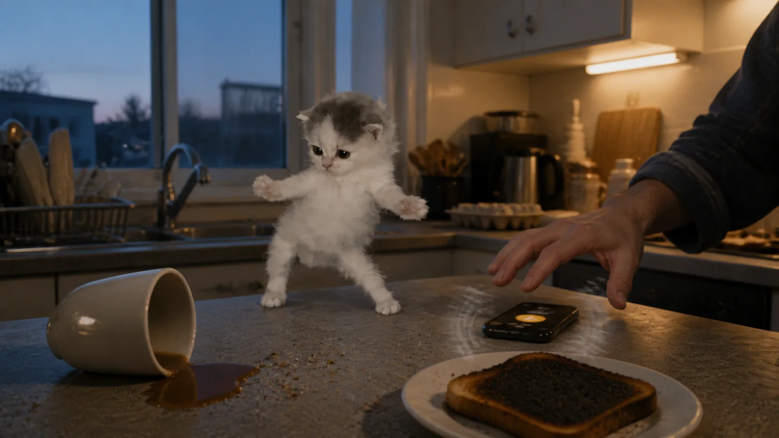 The dancing kitten stands beside a ringing phone, spilled coffee and burnt toast on a kitchen counter.