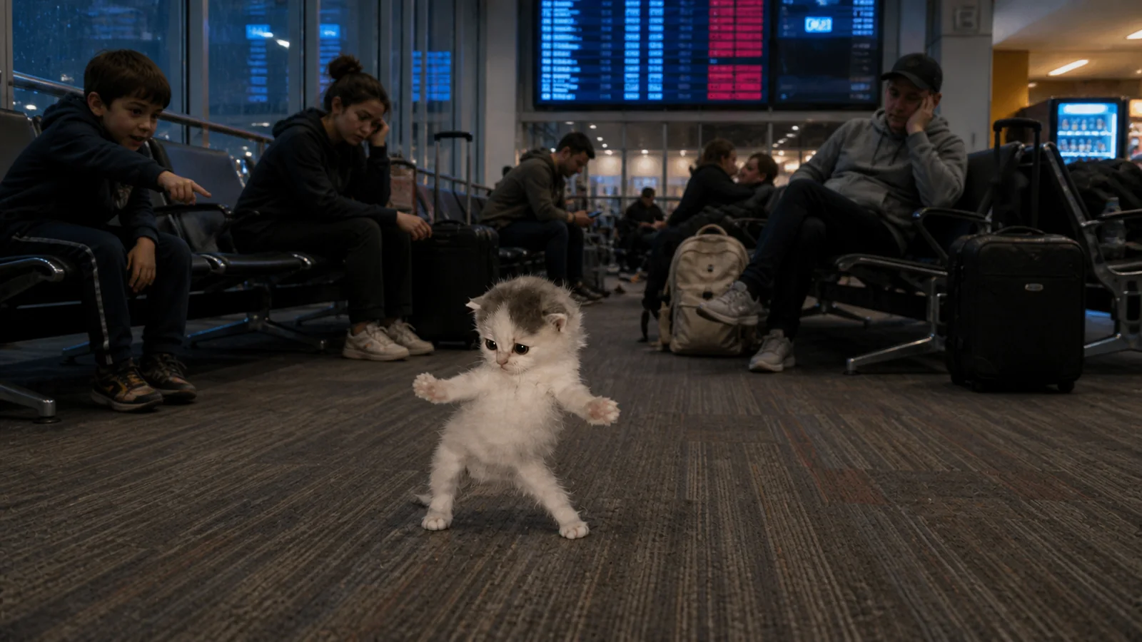 The dancing kitten performs at a delayed airport gate while exhausted travelers watch.