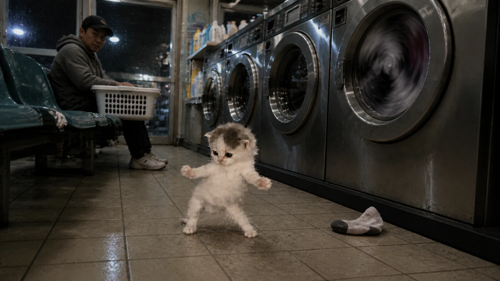 The dancing kitten performs in a late-night laundromat while a washer shakes behind it.